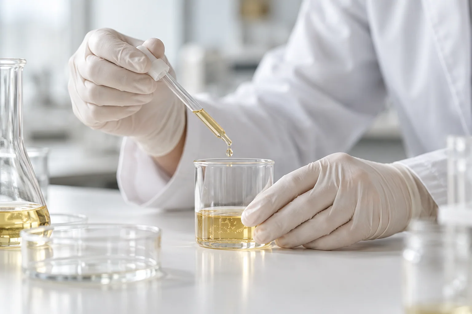 Poglądowe zbliżenie na staranną pracę laboratoryjną z pipetą i szkłem